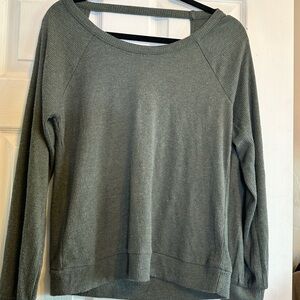 Ribbed Knit Top Open Back Long Sleeve Casual Olive Green Shirt